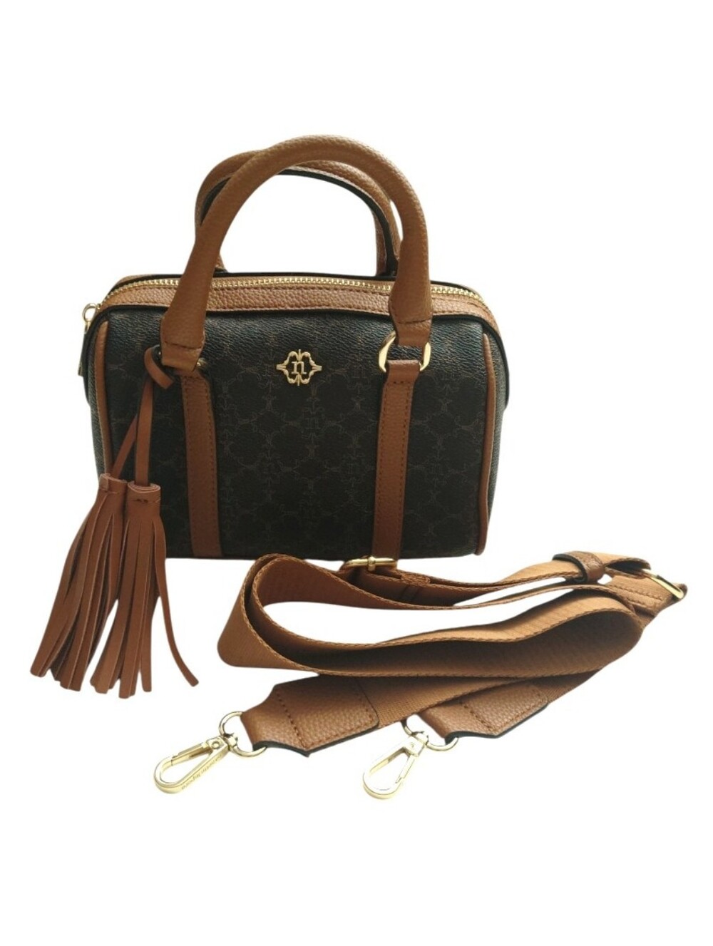 NANETTE LEPORE Brown Monogram Small Barrel Satchel Crossbody Bag with Tassel